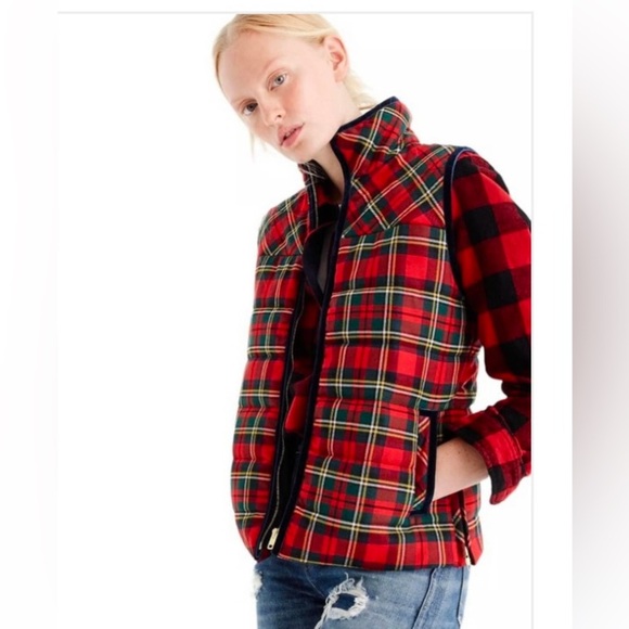 J. CREW Wool Blend Tartan Plaid Mountain Puffer Vest with Velvet Trim - Picture 9 of 9
